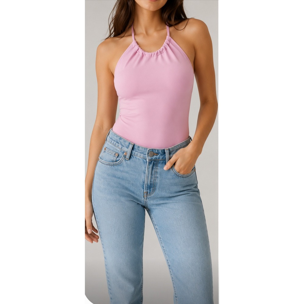 Babaton Contour Halter Bodysuit Pink Lilac Thong Snap Closure Size L 98910
